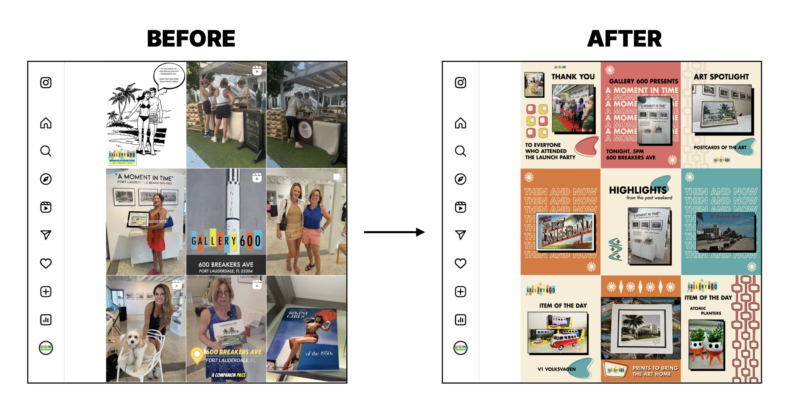 Before / after social media grid — art gallery brand design by IIIDCO